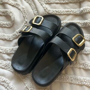 black and gold birkenstock style sandals